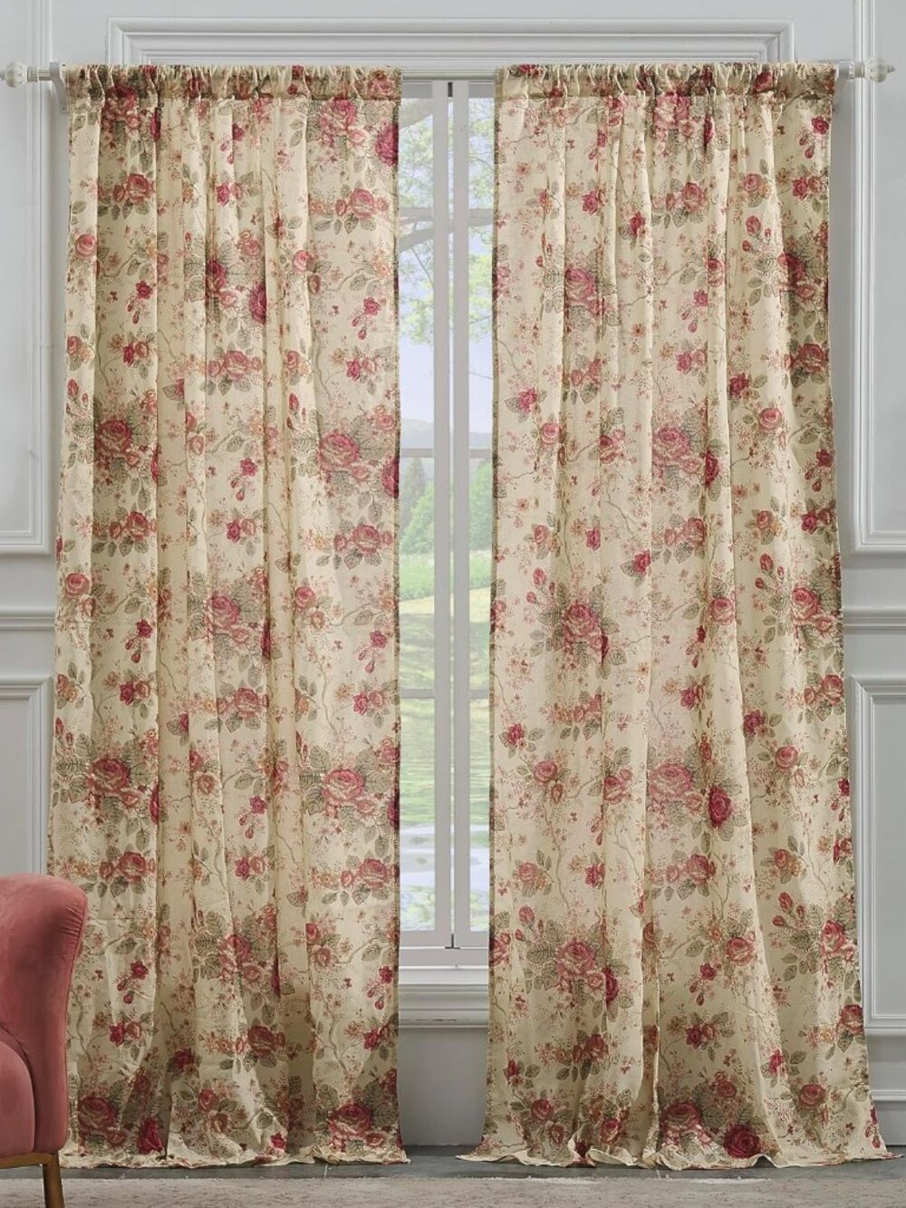 Antique Rose 100% Cotton Curtain Panel Pair, 42 W x 84 L Inches Each, Set of 2 -